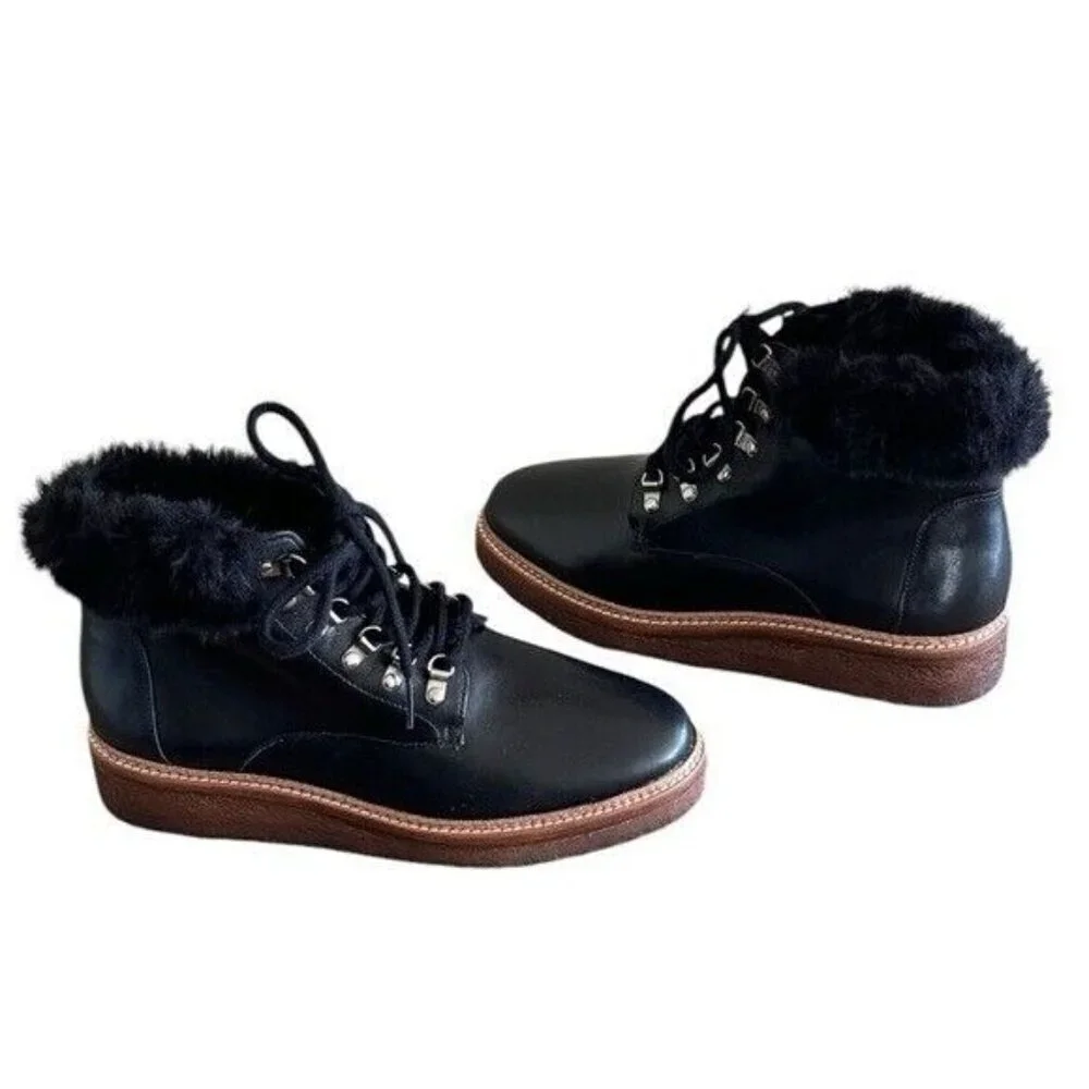 BOTKIER Winter Hiking Boots Faux Fur Collar Black Leather
